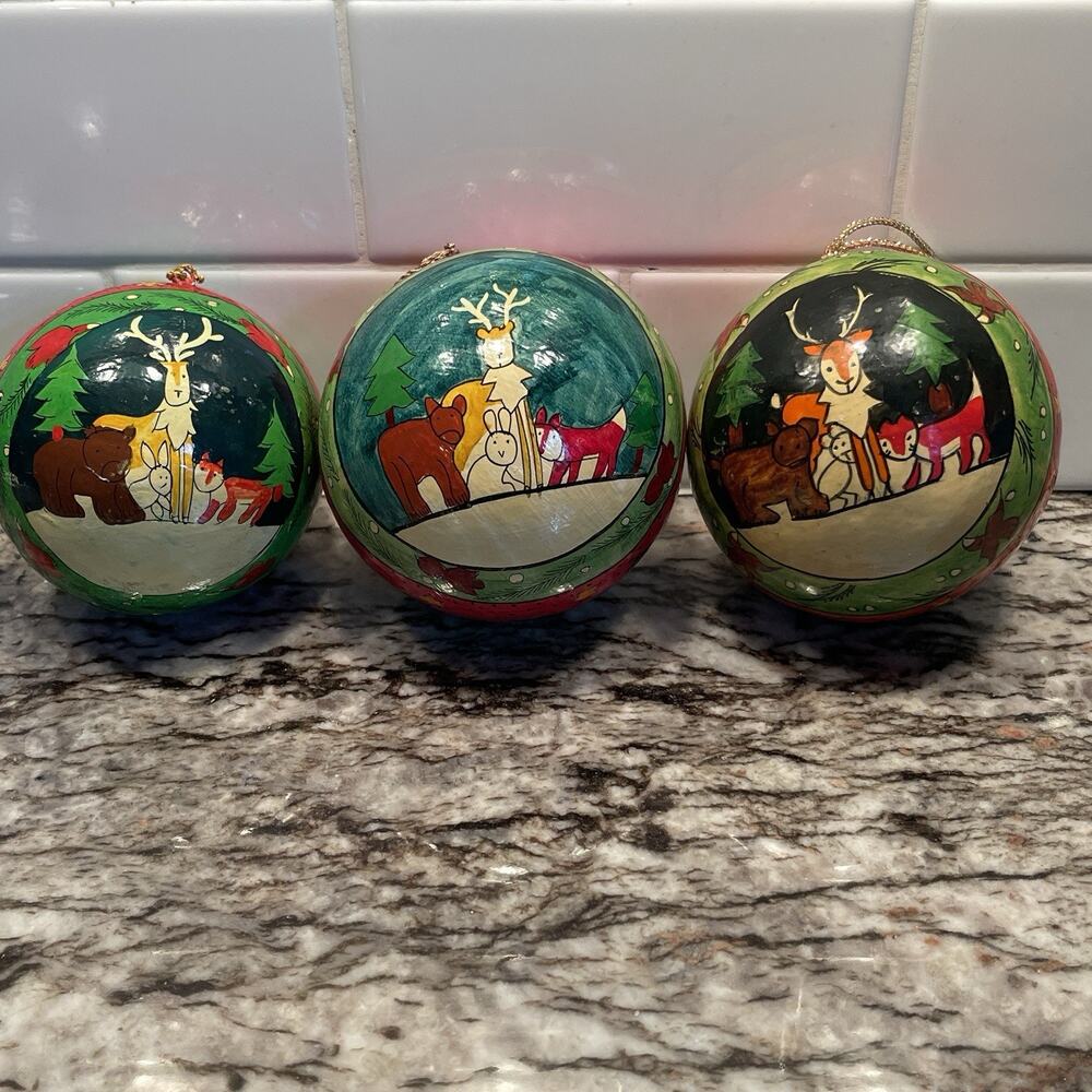 Hand Painted Paper Mache Ornament Set Of 3 Rustic Forest Animals Bear Deer Fox